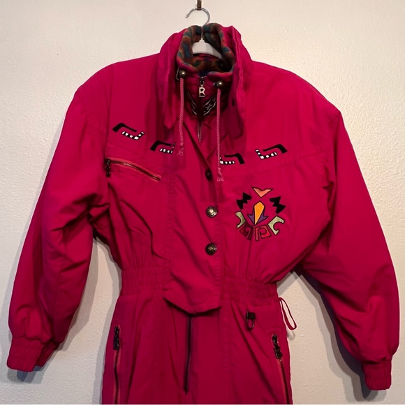 Vintage BOGNER Pink Ski Suit One-Piece Skiwear Aztec Embroidered Motifs Snowsuit - Picture 5 of 16